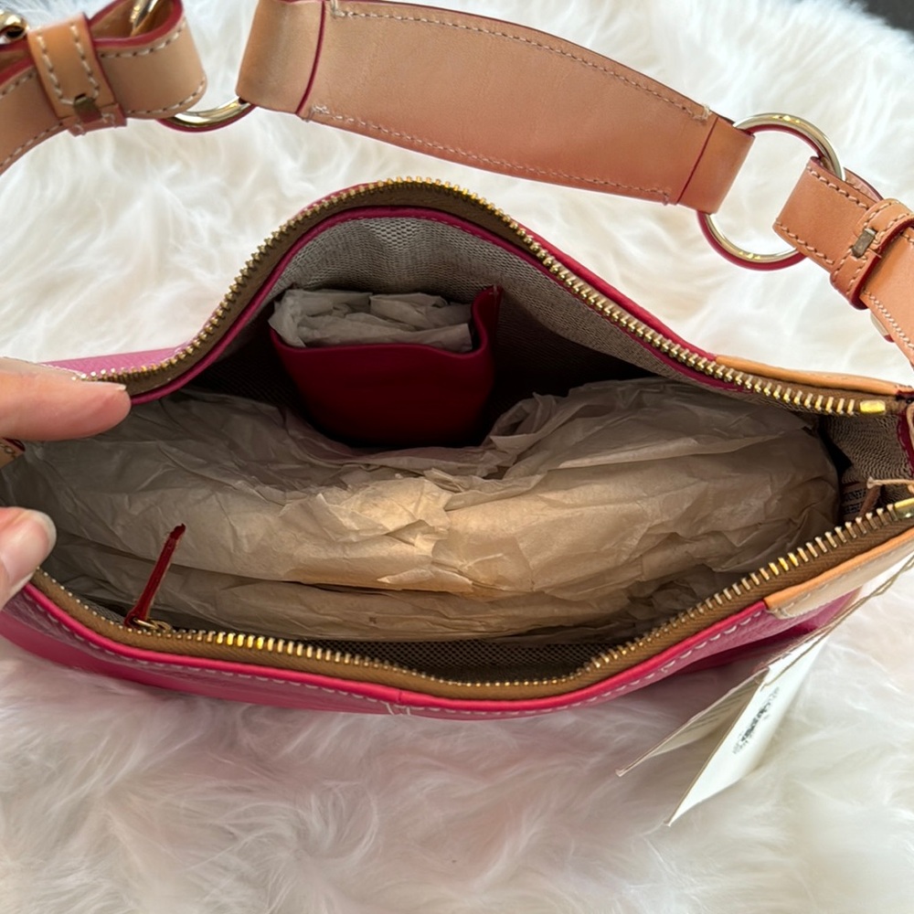 NWT Dooney & Bourke Small O-Ring Slouch Bag Fuchsia and Tan Leather - Picture 9 of 16